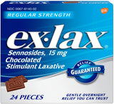 Ex-Lax Laxative kit Includes Sennosides 25 mg Maximum Strength Tablats and Chocolate Flavored 15 mg Regular Strength Gentle Overnight Relief, 24 Ct Each