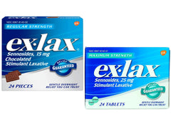 Ex-Lax Laxative kit Includes Sennosides 25 mg Maximum Strength Tablats and Chocolate Flavored 15 mg Regular Strength Gentle Overnight Relief, 24 Ct Each