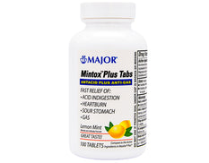 Major Mintox Plus Antacid Plus Anti-Gas Tabs Lemon Mint, 100 Count